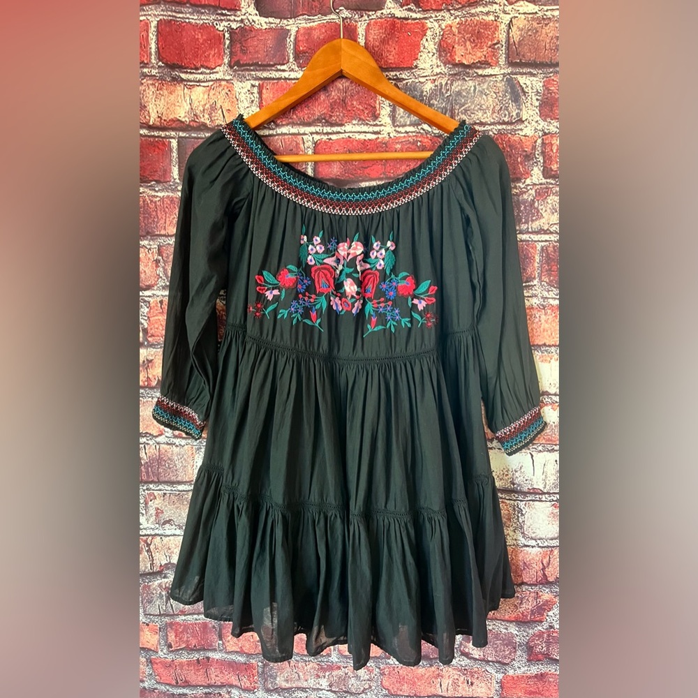 Free People Off Shoulder Black Dress with Floral Embroidery